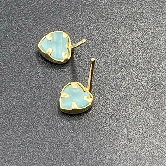 14k Yellow 535 Gold Bezel Set Blue Cats‎ Eye Heart Dainty Small Stud Earrings - Picture 10 of 12